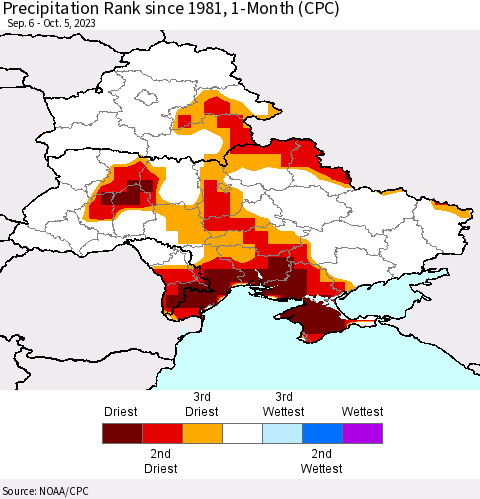 Ukraine, Moldova and Belarus Precipitation Rank since 1981, 1-Month (CPC) Thematic Map For 9/6/2023 - 10/5/2023