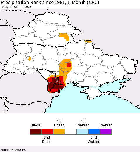 Ukraine, Moldova and Belarus Precipitation Rank since 1981, 1-Month (CPC) Thematic Map For 9/11/2023 - 10/10/2023