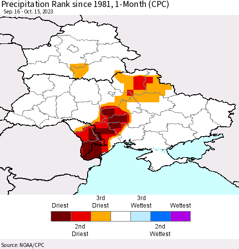 Ukraine, Moldova and Belarus Precipitation Rank since 1981, 1-Month (CPC) Thematic Map For 9/16/2023 - 10/15/2023