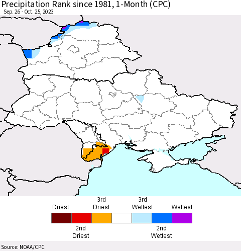 Ukraine, Moldova and Belarus Precipitation Rank since 1981, 1-Month (CPC) Thematic Map For 9/26/2023 - 10/25/2023
