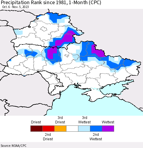 Ukraine, Moldova and Belarus Precipitation Rank since 1981, 1-Month (CPC) Thematic Map For 10/6/2023 - 11/5/2023