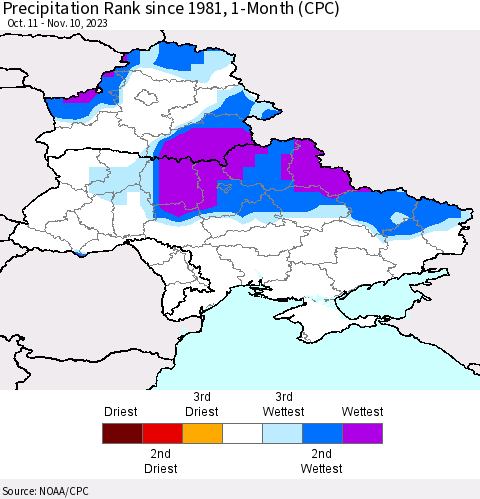 Ukraine, Moldova and Belarus Precipitation Rank since 1981, 1-Month (CPC) Thematic Map For 10/11/2023 - 11/10/2023