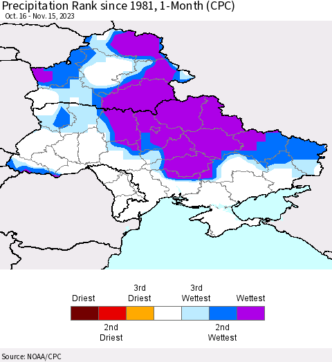 Ukraine, Moldova and Belarus Precipitation Rank since 1981, 1-Month (CPC) Thematic Map For 10/16/2023 - 11/15/2023