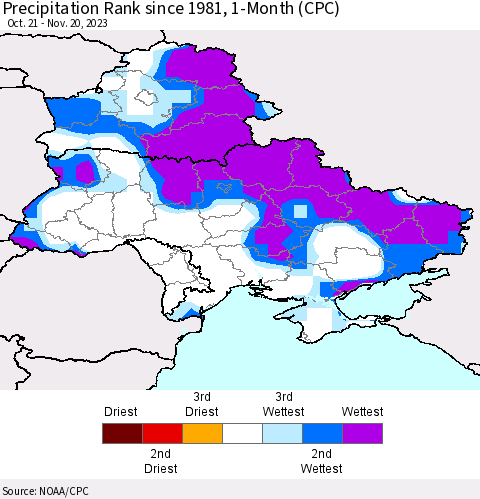 Ukraine, Moldova and Belarus Precipitation Rank since 1981, 1-Month (CPC) Thematic Map For 10/21/2023 - 11/20/2023