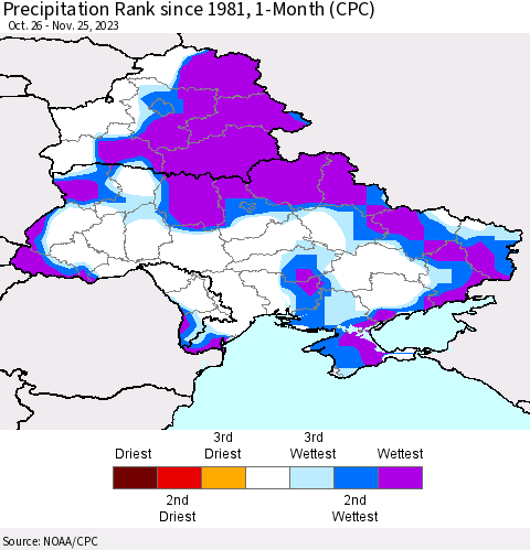 Ukraine, Moldova and Belarus Precipitation Rank since 1981, 1-Month (CPC) Thematic Map For 10/26/2023 - 11/25/2023