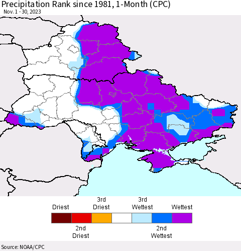 Ukraine, Moldova and Belarus Precipitation Rank since 1981, 1-Month (CPC) Thematic Map For 11/1/2023 - 11/30/2023