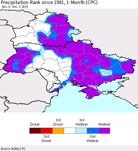 Ukraine, Moldova and Belarus Precipitation Rank since 1981, 1-Month (CPC) Thematic Map For 11/6/2023 - 12/5/2023