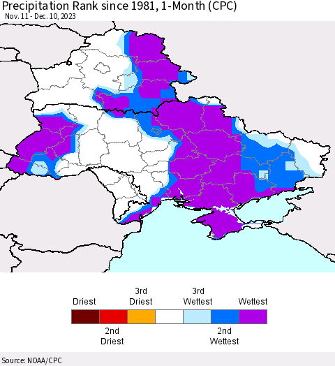Ukraine, Moldova and Belarus Precipitation Rank since 1981, 1-Month (CPC) Thematic Map For 11/11/2023 - 12/10/2023