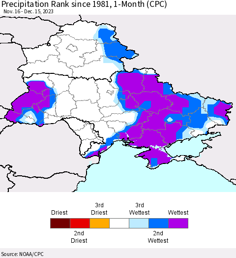 Ukraine, Moldova and Belarus Precipitation Rank since 1981, 1-Month (CPC) Thematic Map For 11/16/2023 - 12/15/2023