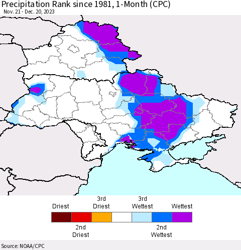 Ukraine, Moldova and Belarus Precipitation Rank since 1981, 1-Month (CPC) Thematic Map For 11/21/2023 - 12/20/2023