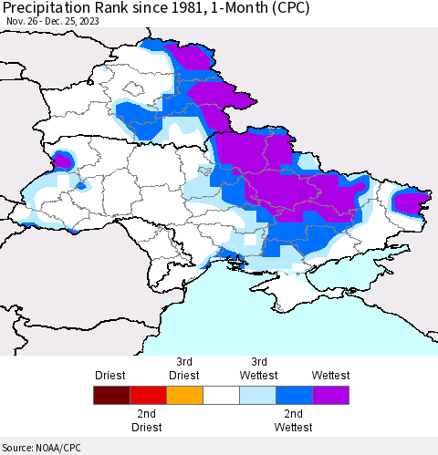 Ukraine, Moldova and Belarus Precipitation Rank since 1981, 1-Month (CPC) Thematic Map For 11/26/2023 - 12/25/2023