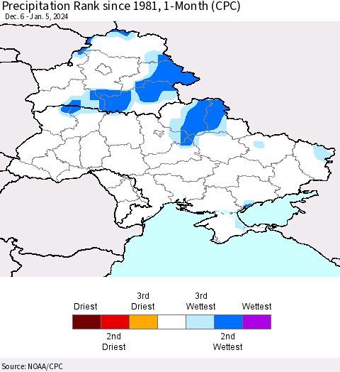 Ukraine, Moldova and Belarus Precipitation Rank since 1981, 1-Month (CPC) Thematic Map For 12/6/2023 - 1/5/2024