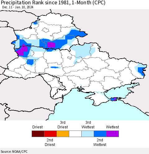 Ukraine, Moldova and Belarus Precipitation Rank since 1981, 1-Month (CPC) Thematic Map For 12/11/2023 - 1/10/2024