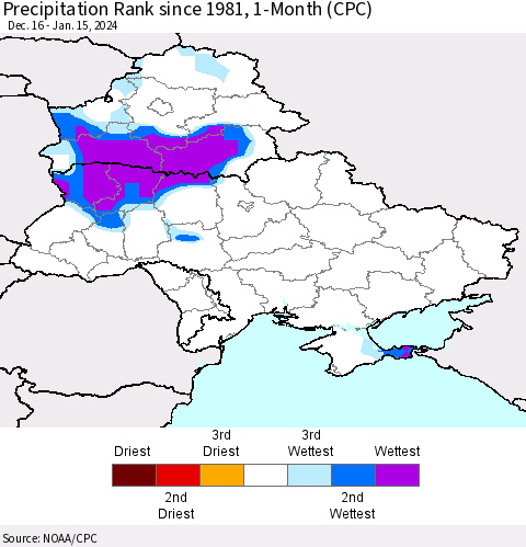 Ukraine, Moldova and Belarus Precipitation Rank since 1981, 1-Month (CPC) Thematic Map For 12/16/2023 - 1/15/2024