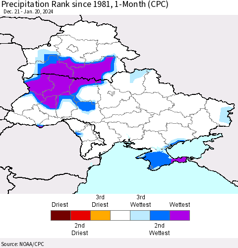 Ukraine, Moldova and Belarus Precipitation Rank since 1981, 1-Month (CPC) Thematic Map For 12/21/2023 - 1/20/2024