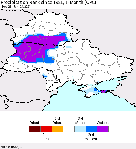 Ukraine, Moldova and Belarus Precipitation Rank since 1981, 1-Month (CPC) Thematic Map For 12/26/2023 - 1/25/2024