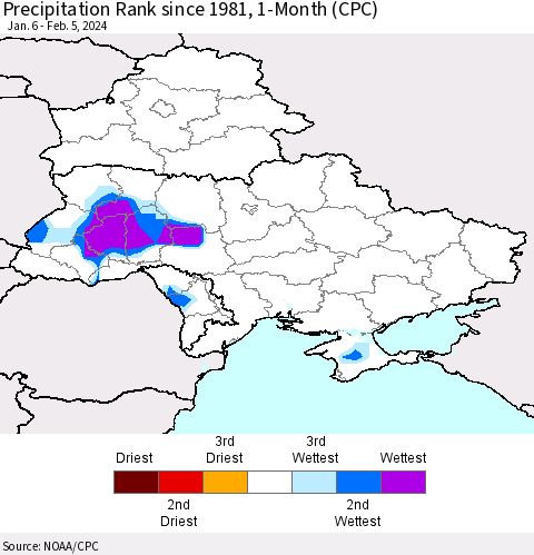 Ukraine, Moldova and Belarus Precipitation Rank since 1981, 1-Month (CPC) Thematic Map For 1/6/2024 - 2/5/2024