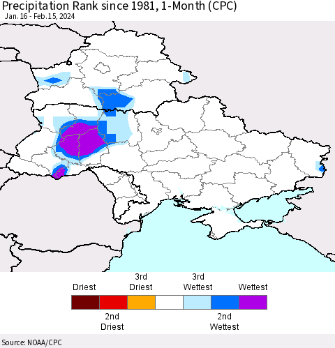 Ukraine, Moldova and Belarus Precipitation Rank since 1981, 1-Month (CPC) Thematic Map For 1/16/2024 - 2/15/2024
