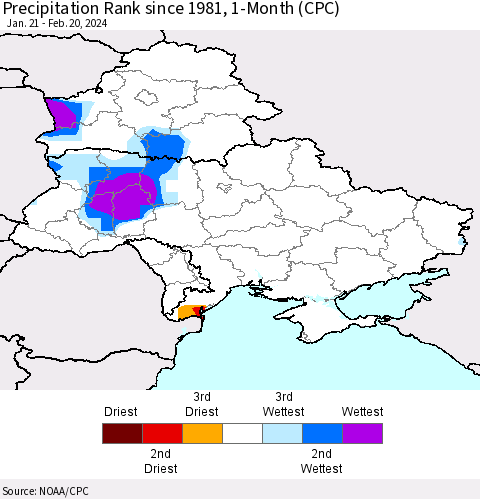 Ukraine, Moldova and Belarus Precipitation Rank since 1981, 1-Month (CPC) Thematic Map For 1/21/2024 - 2/20/2024