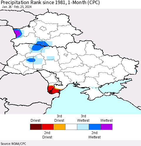 Ukraine, Moldova and Belarus Precipitation Rank since 1981, 1-Month (CPC) Thematic Map For 1/26/2024 - 2/25/2024