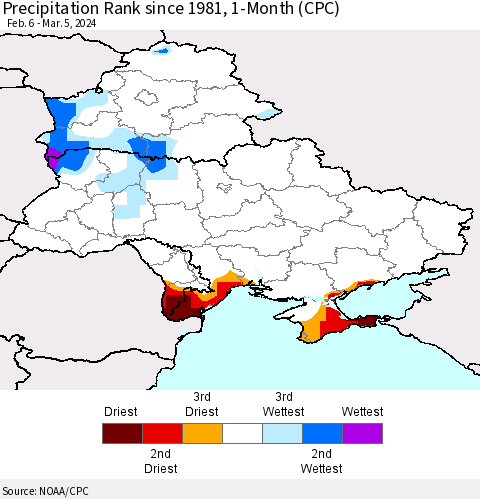 Ukraine, Moldova and Belarus Precipitation Rank since 1981, 1-Month (CPC) Thematic Map For 2/6/2024 - 3/5/2024