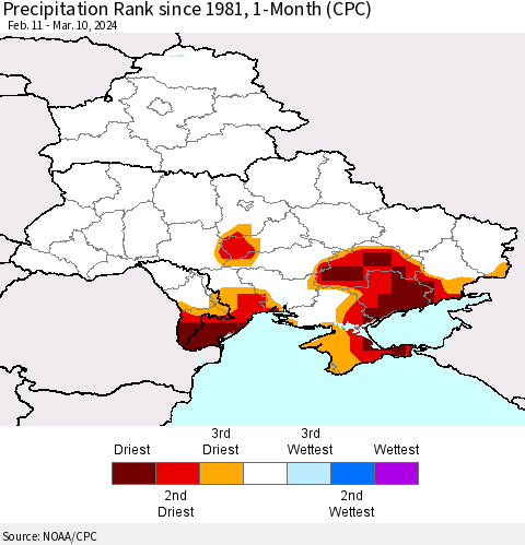 Ukraine, Moldova and Belarus Precipitation Rank since 1981, 1-Month (CPC) Thematic Map For 2/11/2024 - 3/10/2024