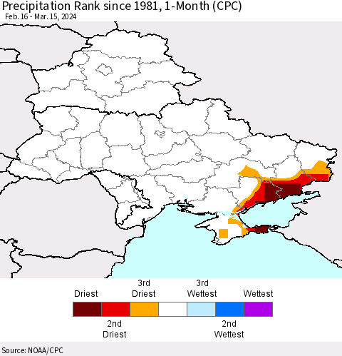 Ukraine, Moldova and Belarus Precipitation Rank since 1981, 1-Month (CPC) Thematic Map For 2/16/2024 - 3/15/2024