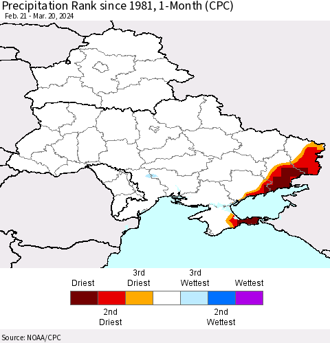 Ukraine, Moldova and Belarus Precipitation Rank since 1981, 1-Month (CPC) Thematic Map For 2/21/2024 - 3/20/2024
