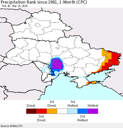 Ukraine, Moldova and Belarus Precipitation Rank since 1981, 1-Month (CPC) Thematic Map For 2/26/2024 - 3/25/2024
