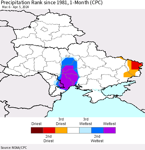 Ukraine, Moldova and Belarus Precipitation Rank since 1981, 1-Month (CPC) Thematic Map For 3/6/2024 - 4/5/2024