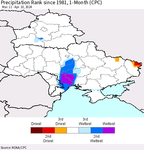 Ukraine, Moldova and Belarus Precipitation Rank since 1981, 1-Month (CPC) Thematic Map For 3/11/2024 - 4/10/2024