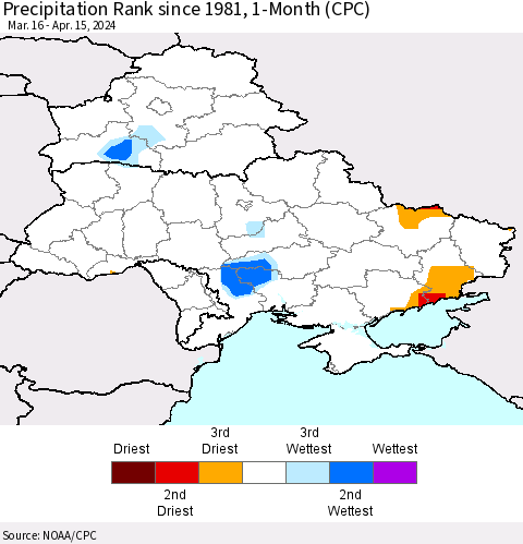 Ukraine, Moldova and Belarus Precipitation Rank since 1981, 1-Month (CPC) Thematic Map For 3/16/2024 - 4/15/2024