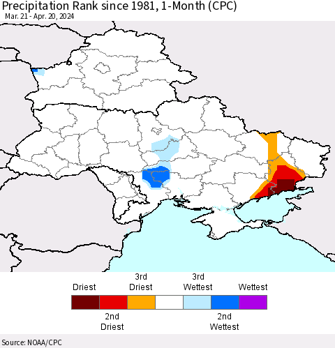 Ukraine, Moldova and Belarus Precipitation Rank since 1981, 1-Month (CPC) Thematic Map For 3/21/2024 - 4/20/2024