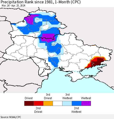 Ukraine, Moldova and Belarus Precipitation Rank since 1981, 1-Month (CPC) Thematic Map For 3/26/2024 - 4/25/2024