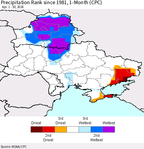 Ukraine, Moldova and Belarus Precipitation Rank since 1981, 1-Month (CPC) Thematic Map For 4/1/2024 - 4/30/2024