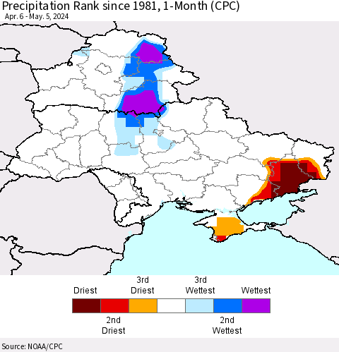 Ukraine, Moldova and Belarus Precipitation Rank since 1981, 1-Month (CPC) Thematic Map For 4/6/2024 - 5/5/2024