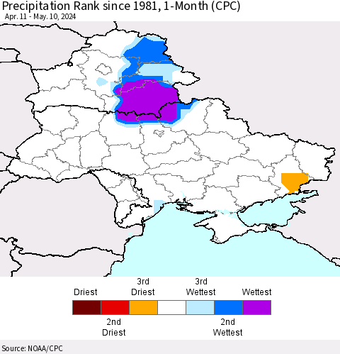 Ukraine, Moldova and Belarus Precipitation Rank since 1981, 1-Month (CPC) Thematic Map For 4/11/2024 - 5/10/2024