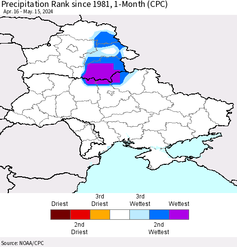 Ukraine, Moldova and Belarus Precipitation Rank since 1981, 1-Month (CPC) Thematic Map For 4/16/2024 - 5/15/2024
