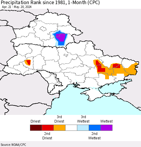 Ukraine, Moldova and Belarus Precipitation Rank since 1981, 1-Month (CPC) Thematic Map For 4/21/2024 - 5/20/2024