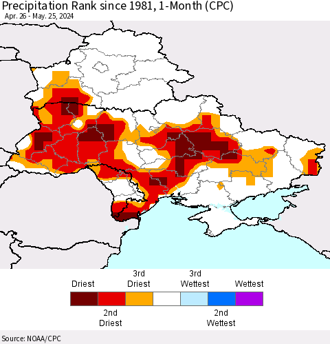 Ukraine, Moldova and Belarus Precipitation Rank since 1981, 1-Month (CPC) Thematic Map For 4/26/2024 - 5/25/2024