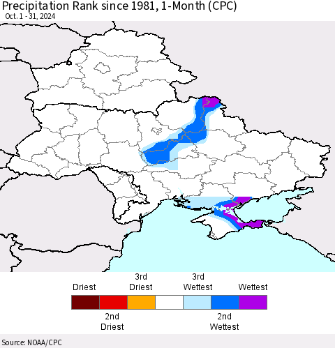 Ukraine, Moldova and Belarus Precipitation Rank since 1981, 1-Month (CPC) Thematic Map For 10/1/2024 - 10/31/2024