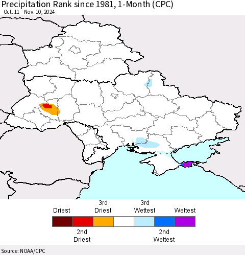 Ukraine, Moldova and Belarus Precipitation Rank since 1981, 1-Month (CPC) Thematic Map For 10/11/2024 - 11/10/2024