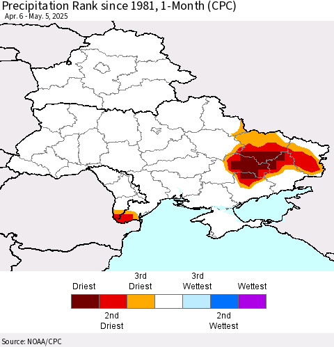Ukraine, Moldova and Belarus Precipitation Rank since 1981, 1-Month (CPC) Thematic Map For 4/6/2025 - 5/5/2025