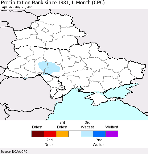 Ukraine, Moldova and Belarus Precipitation Rank since 1981, 1-Month (CPC) Thematic Map For 4/26/2025 - 5/25/2025