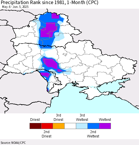 Ukraine, Moldova and Belarus Precipitation Rank since 1981, 1-Month (CPC) Thematic Map For 5/6/2025 - 6/5/2025