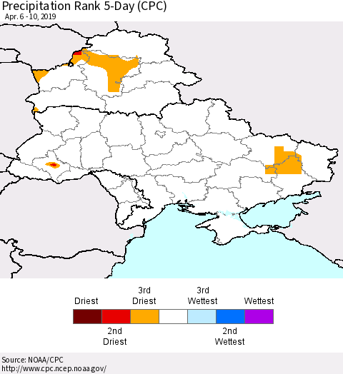 Ukraine, Moldova and Belarus Precipitation Rank since 1981, 5-Day (CPC) Thematic Map For 4/6/2019 - 4/10/2019