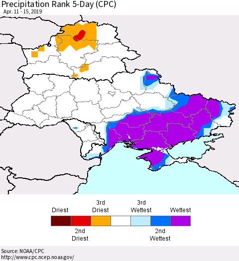 Ukraine, Moldova and Belarus Precipitation Rank since 1981, 5-Day (CPC) Thematic Map For 4/11/2019 - 4/15/2019