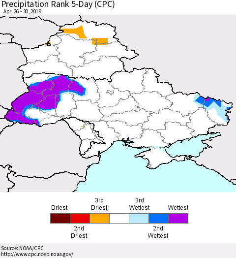 Ukraine, Moldova and Belarus Precipitation Rank since 1981, 5-Day (CPC) Thematic Map For 4/26/2019 - 4/30/2019