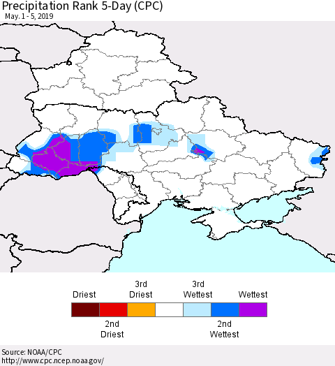 Ukraine, Moldova and Belarus Precipitation Rank 5-Day (CPC) Thematic Map For 5/1/2019 - 5/5/2019