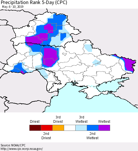 Ukraine, Moldova and Belarus Precipitation Rank 5-Day (CPC) Thematic Map For 5/6/2019 - 5/10/2019